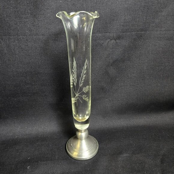Vintage WEB Pewter & Etched Ruffled Glass Bud Vase Wheat Design 7.5" Marked - Picture 3 of 12